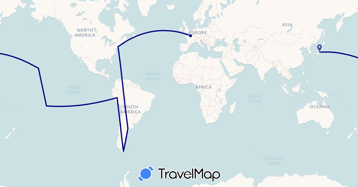TravelMap itinerary: driving in Argentina, Chile, France, Japan, Peru, French Polynesia, United States (Asia, Europe, North America, Oceania, South America)