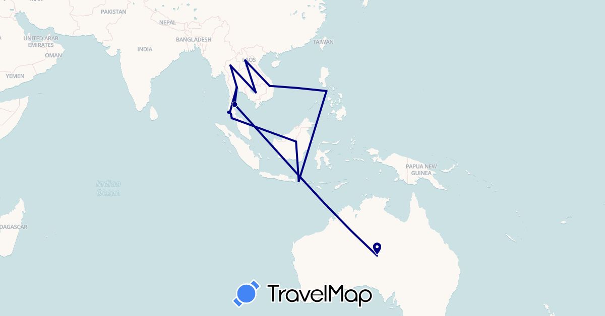 TravelMap itinerary: driving in Australia, Indonesia, Cambodia, Laos, Malaysia, Philippines, Thailand, Vietnam (Asia, Oceania)