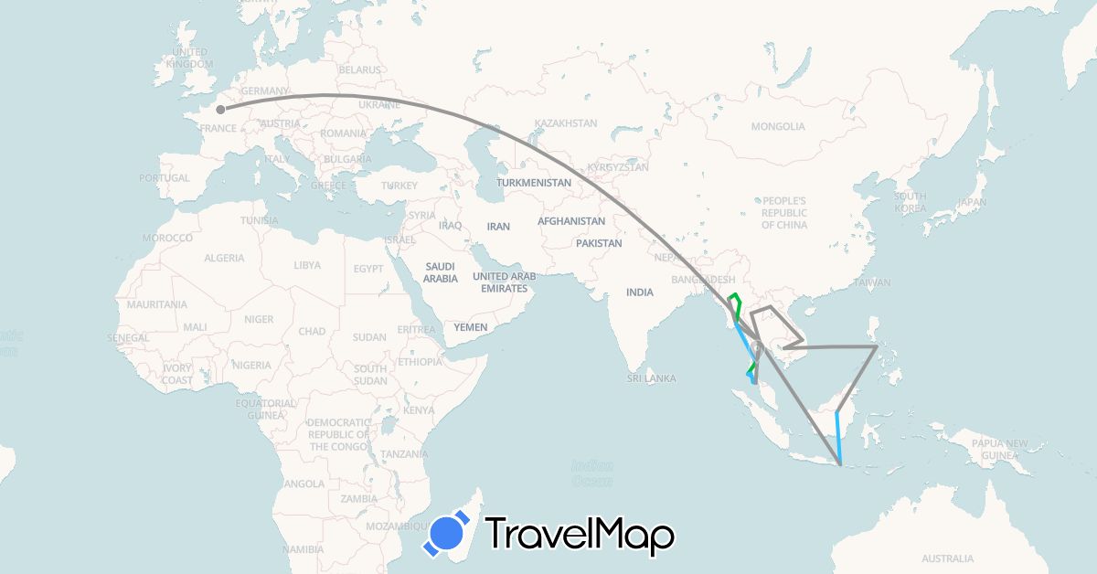 TravelMap itinerary: bus, plane, boat in France, Cambodia, Laos, Myanmar (Burma), Malaysia, Philippines, Thailand, Vietnam (Asia, Europe)