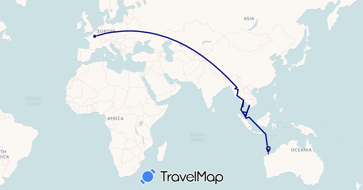 TravelMap itinerary: driving in Australia, France, Indonesia, Cambodia, Myanmar (Burma), Malaysia, Thailand (Asia, Europe, Oceania)